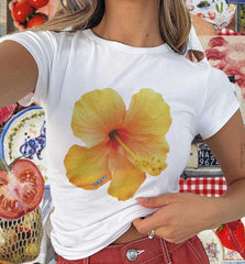 Yellow Hibiscus Graphic Baby Tee – Trendy Floral Crop Top Color white