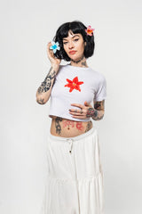 White Baby Tee Crop Top with Floral Print – Cute & Minimalist Color White