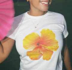 Yellow Hibiscus Graphic Baby Tee – Trendy Floral Crop Top Color white