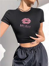 Muah! Black Baby Tee – Trendy Cropped T-Shirt with Lip Print Color Black