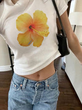 Yellow Hibiscus Graphic Baby Tee – Trendy Floral Crop Top Color white