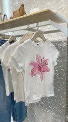 Floral Baby Tee – Chic White Crop Top with Pink Flower Print Color white