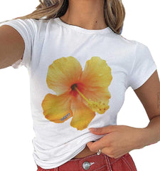 Yellow Hibiscus Graphic Baby Tee – Trendy Floral Crop Top Color white