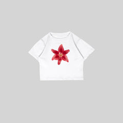White Baby Tee Crop Top with Floral Print – Cute & Minimalist Color White