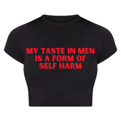 Edgy Black Baby Crop Top – “My Taste in Men” Baby Tee