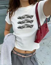 Vintage Race Car Graphic Baby Tee – Stylish Crop Top Color white