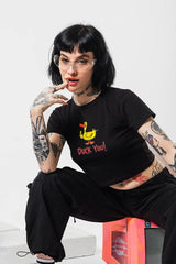 Trendy Black Baby Tee – “Duck You!” Graphic Crop Top for Edgy Street Style Color Black