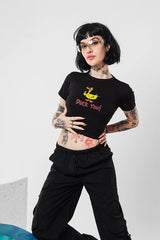 Trendy Black Baby Tee – “Duck You!” Graphic Crop Top for Edgy Street Style Color Black