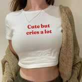 Cute But Cries a Lot" Baby Tee Crop Top - Fun and Playful Design Color White