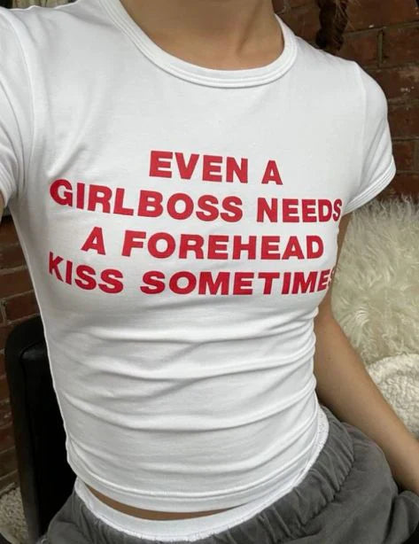Girlboss Forehead Kiss Baby Crop Top – Trendy Color White