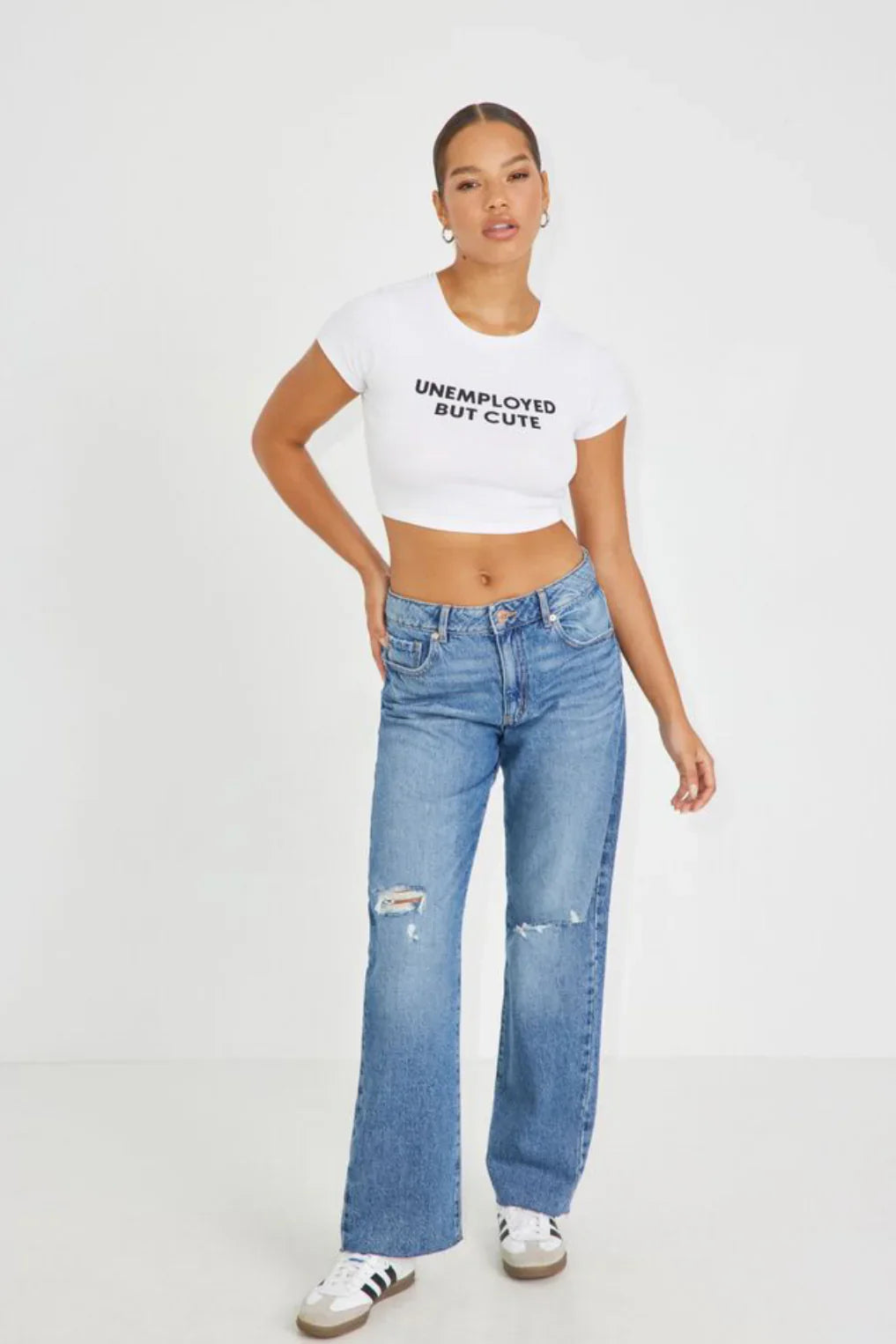 Trendy “Unemployed But Cute” Baby Crop Top – Color White