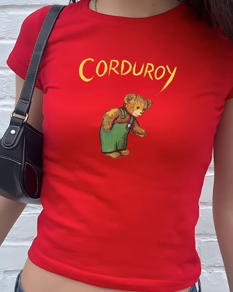 Corduroy Bear Graphic Tee – Cute Vintage-Inspired T-Shirt Color Red