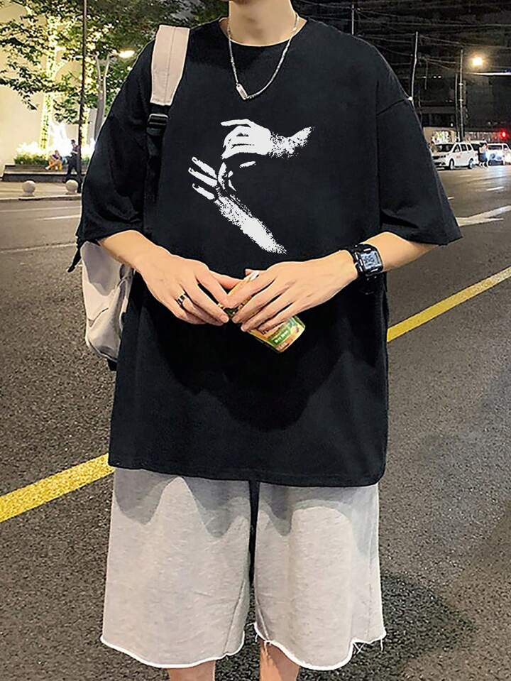 Trendy Black Oversized T-Shirt with Unique Hand Print – Streetwear Style Color Black