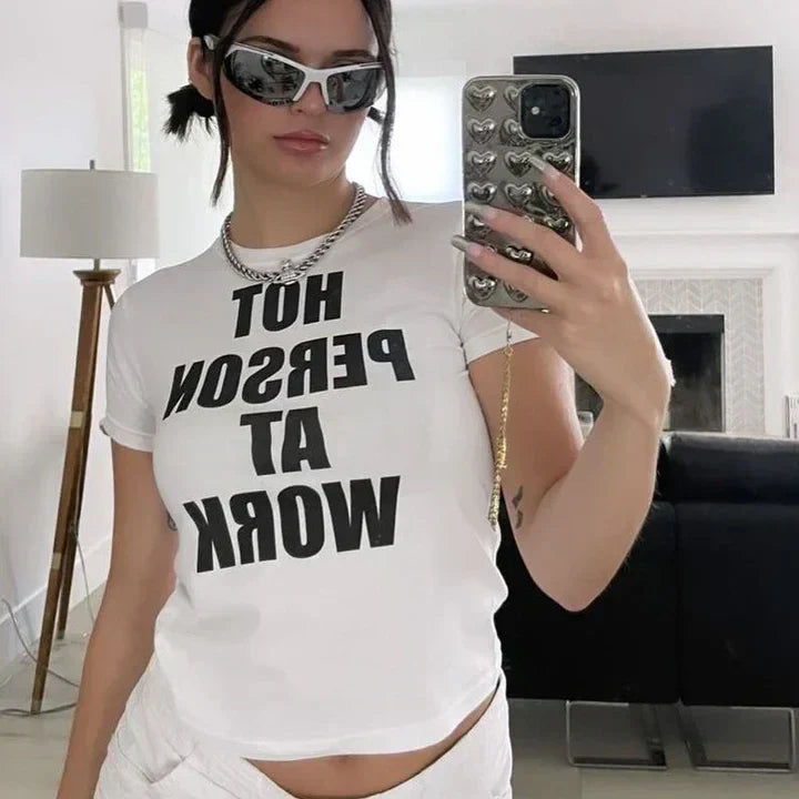 Hot Person At Work Vintage Y2K Baby Tee | Crop Top