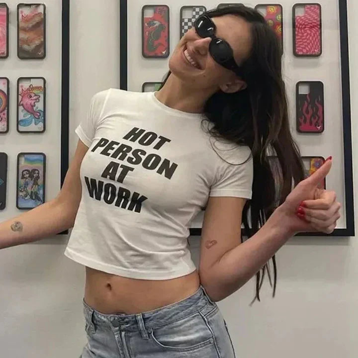 Hot Person At Work Vintage Y2K Baby Tee | Crop Top