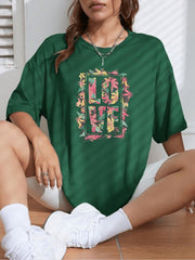 Oversized T-Shirt – Floral LOVE Graphic Tee - Forest Green