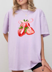 Lavender Oversized Tee with Strawberry Bow Print – Cute & Aesthetic T-Shirt
