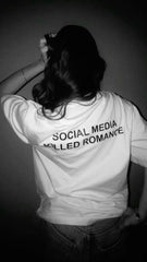 Oversized "Social Media Killed Romance" Graphic T-Shirt for Women – White